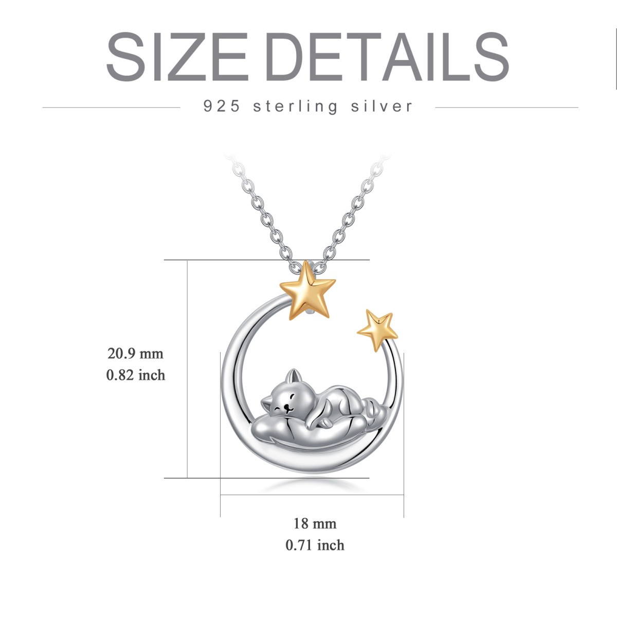 Sterling Silver Two-tone Sleeping Cat & Moon Pendant Necklace-6