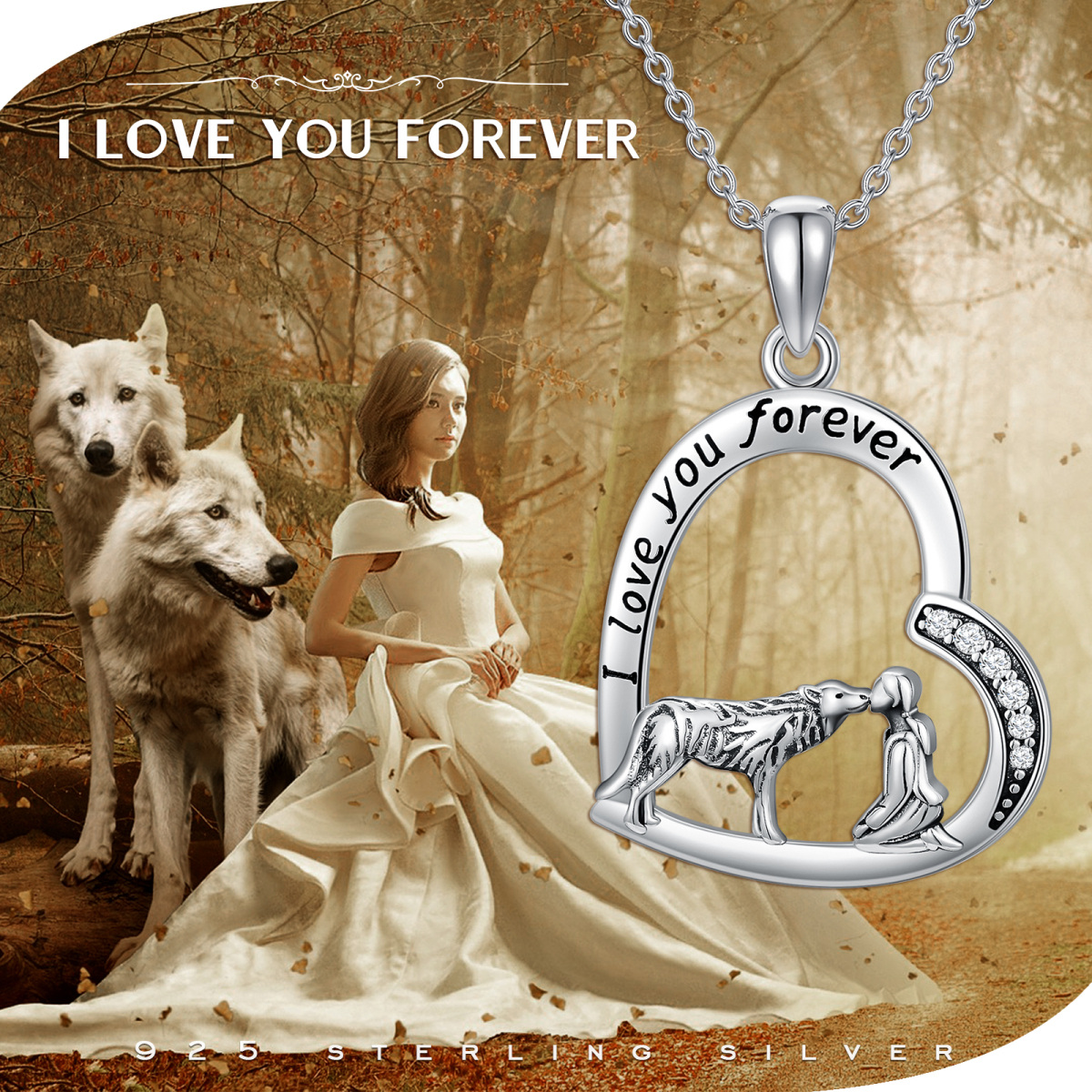 Sterling Silver Cubic Zirconia Wolf & Heart Pendant Necklace with Engraved Word-6