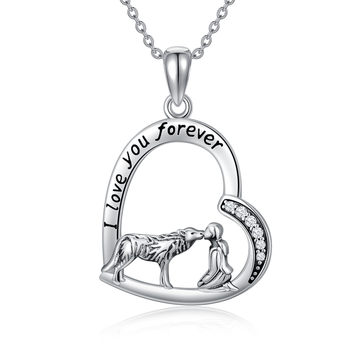Sterling Silver Cubic Zirconia Wolf & Heart Pendant Necklace with Engraved Word-1