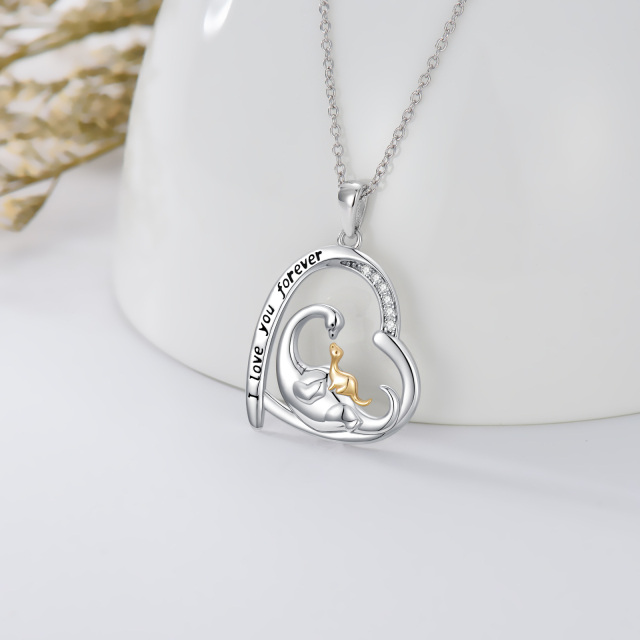 Sterling Silver Cubic Zirconia Dinosaur Mom & Baby Heart Pendant Necklace with Engraved Word-2