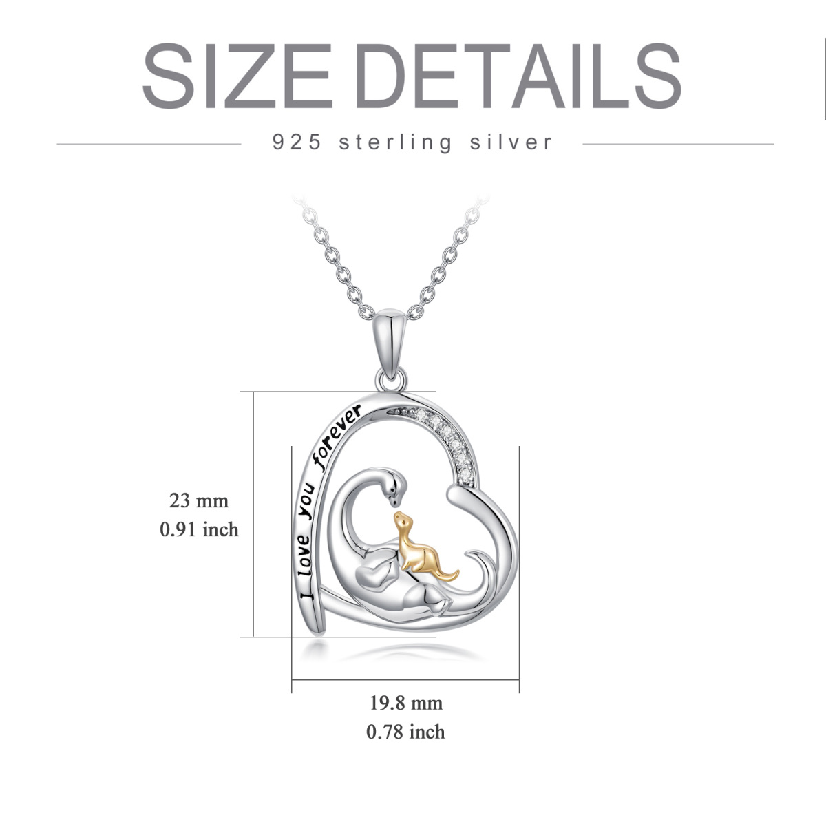 Sterling Silver Cubic Zirconia Dinosaur Mom & Baby Heart Pendant Necklace with Engraved Word-5
