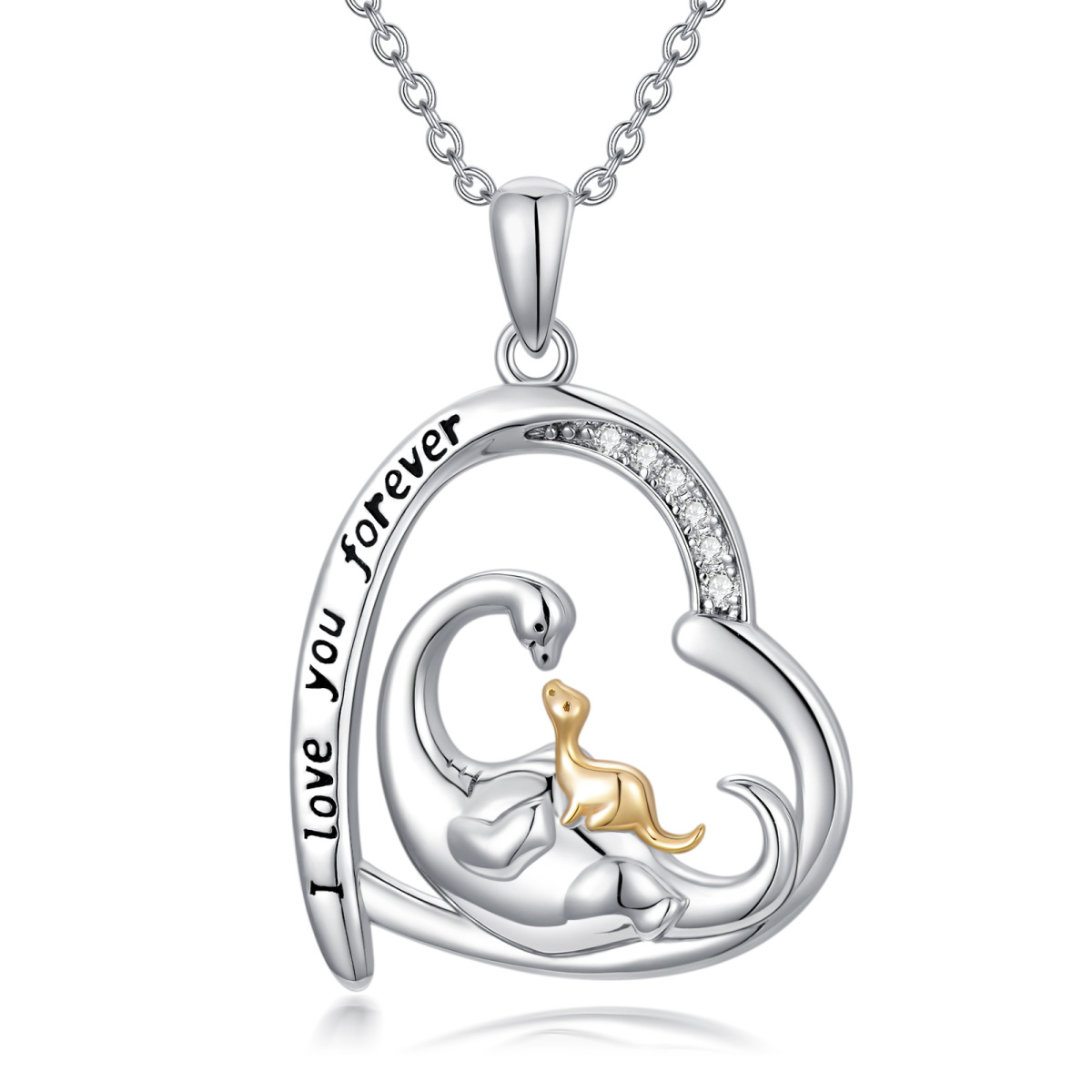 Sterling Silver Cubic Zirconia Dinosaur Mom & Baby Heart Pendant Necklace with Engraved Word-1