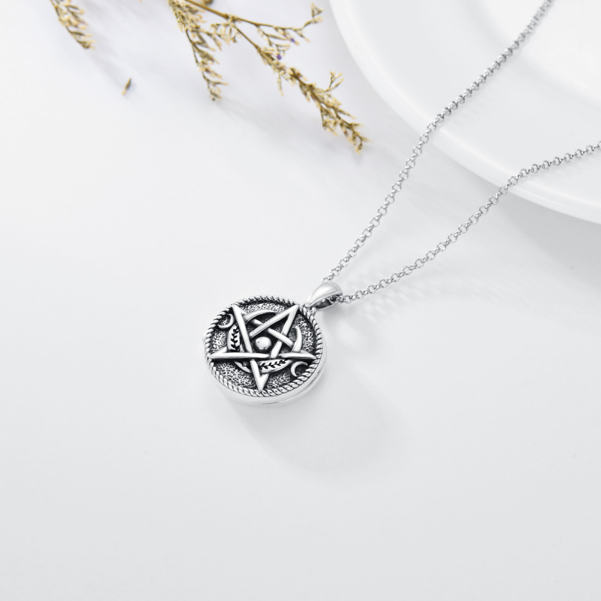 Sterling Silver with Black Plated Pentagram Pendant Necklace-6