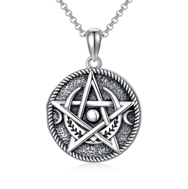 Sterling Silver with Black Plated Pentagram Pendant Necklace-0