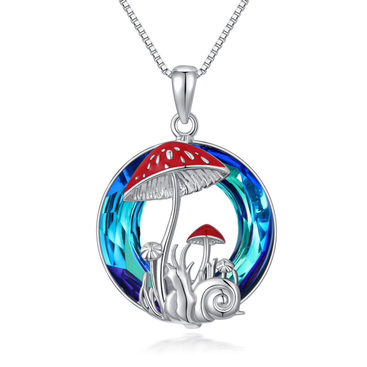 Sterling Silver Round Mushroom Crystal Pendant Necklace-1