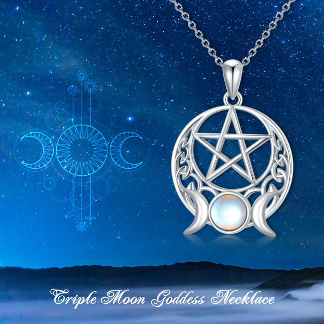 Sterling Silver Round Moonstone Pentagram & Triple Moon Goddess Pendant Necklace-2