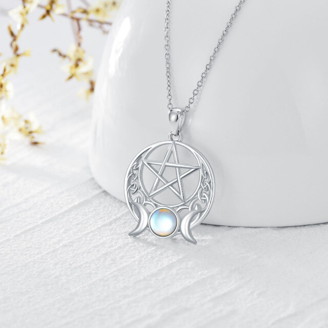 Sterling Silver Round Moonstone Pentagram & Triple Moon Goddess Pendant Necklace-3