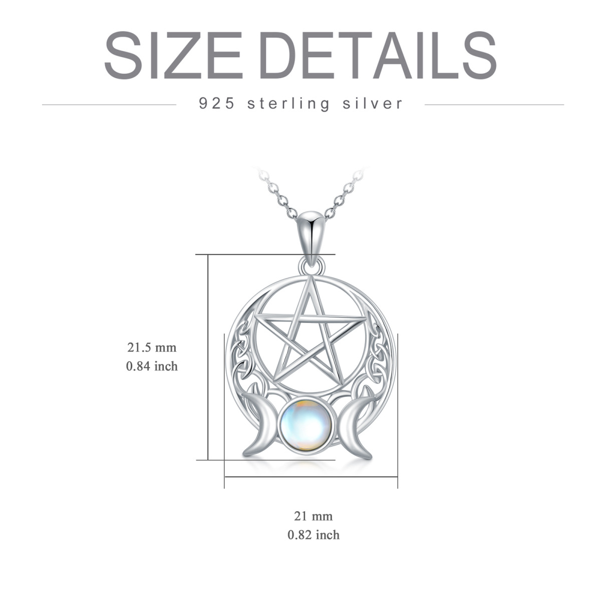 Sterling Silver Round Moonstone Pentagram & Triple Moon Goddess Pendant Necklace-6