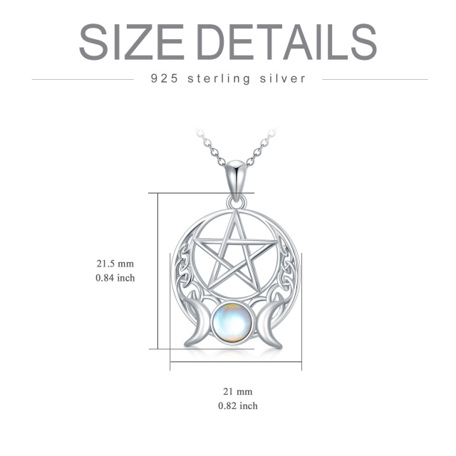 Sterling Silver Round Moonstone Pentagram & Triple Moon Goddess Pendant Necklace-5