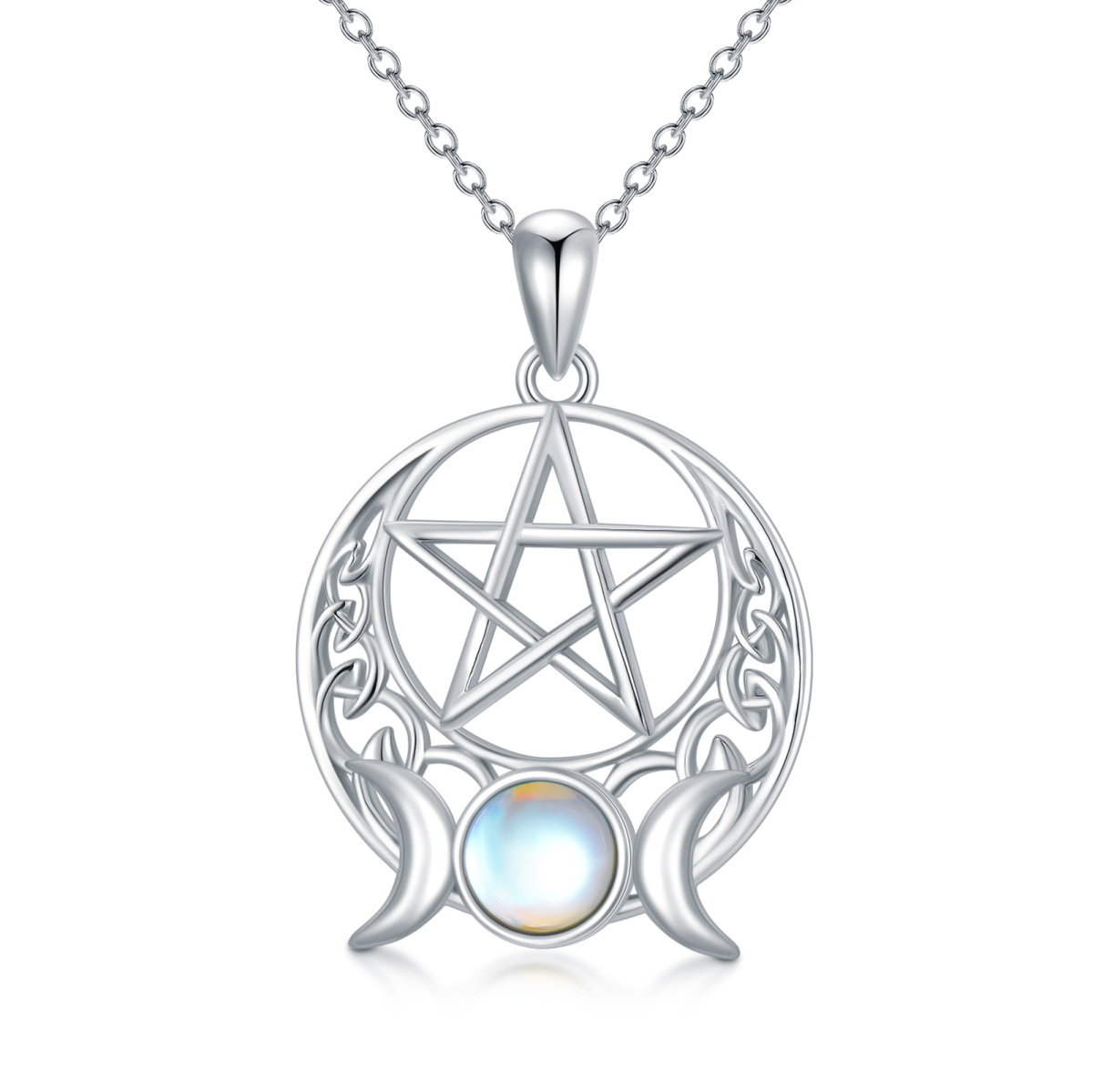 Sterling Silver Round Moonstone Pentagram & Triple Moon Goddess Pendant Necklace-1