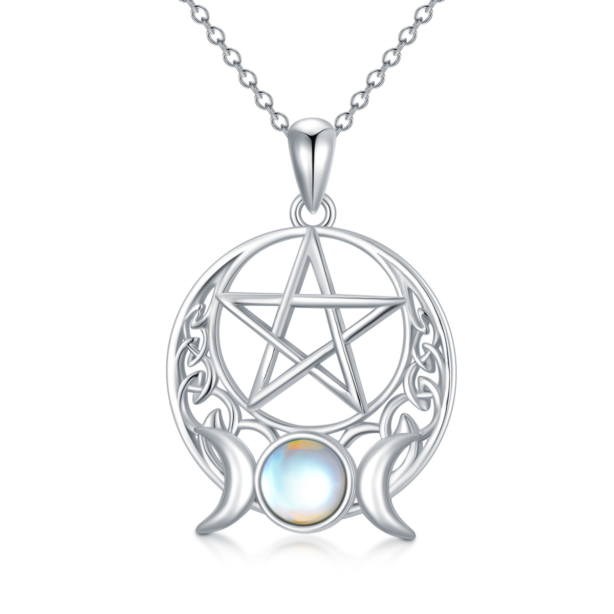 Plata de Ley Ronda Moonstone Pentagrama y Triple Luna Diosa Collar Colgante-1