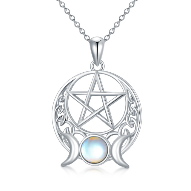 Sterling Silver Round Moonstone Pentagram & Triple Moon Goddess Pendant Necklace-0