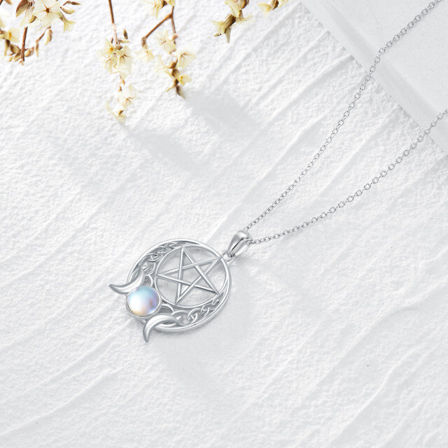 Sterling Silver Round Moonstone Pentagram & Triple Moon Goddess Pendant Necklace-4