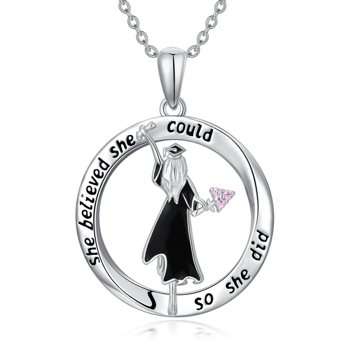 Sterling Silver Circular Shaped Cubic Zirconia Graduation Girl Pendant Necklace with Engraved Word-1