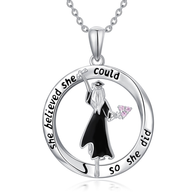 Sterling Silver Circular Shaped Cubic Zirconia Graduation Girl Pendant Necklace with Engraved Word-0