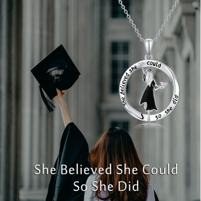 Sterling Silber kreisförmig Cubic Zirkonia Graduation Girl Anhänger Halskette mit eingravi-2