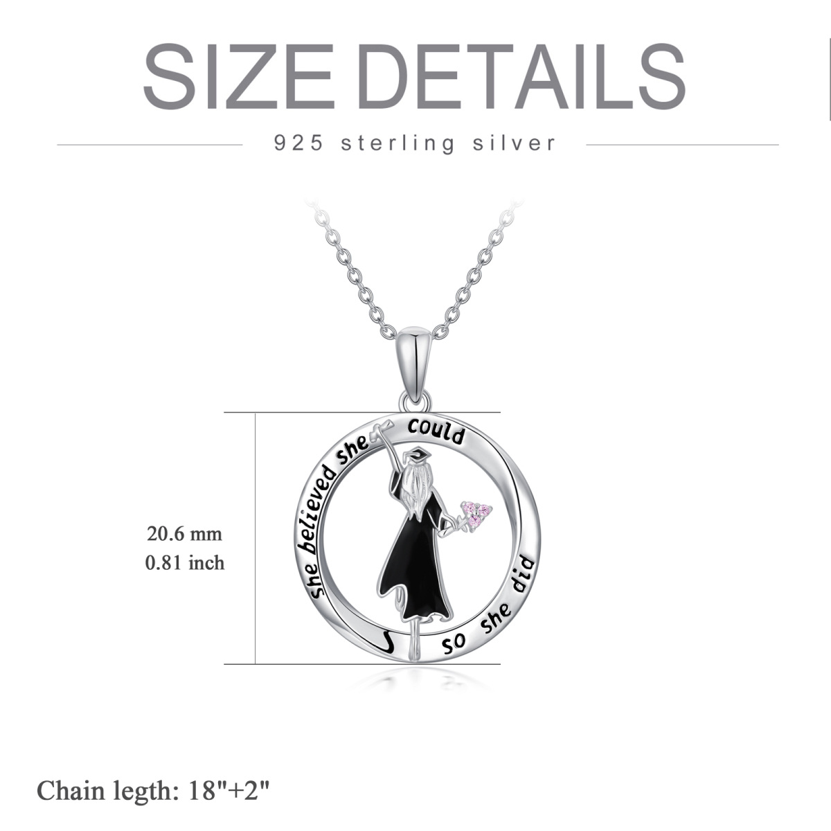Sterling Silver Circular Shaped Cubic Zirconia Graduation Girl Pendant Necklace with Engraved Word-6