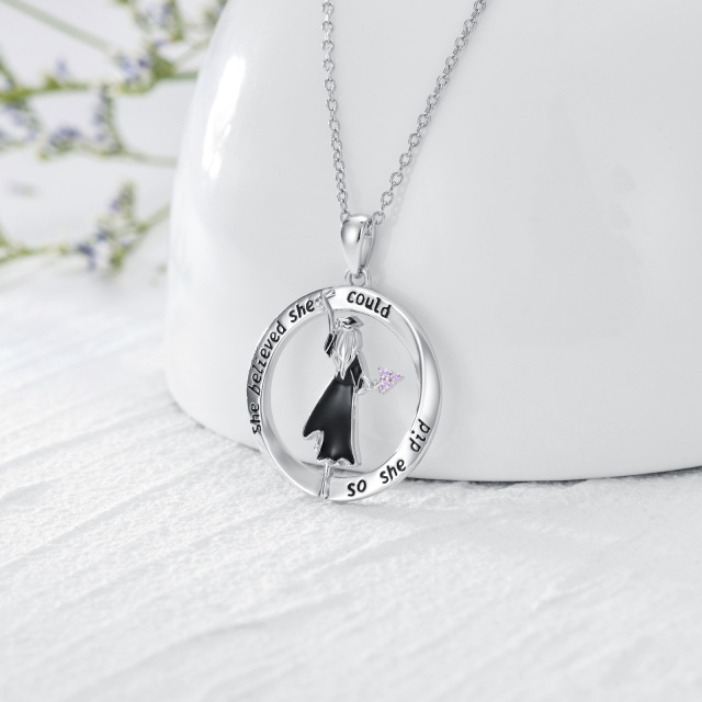 Sterling Silver Circular Shaped Cubic Zirconia Graduation Girl Pendant Necklace with Engraved Word-3