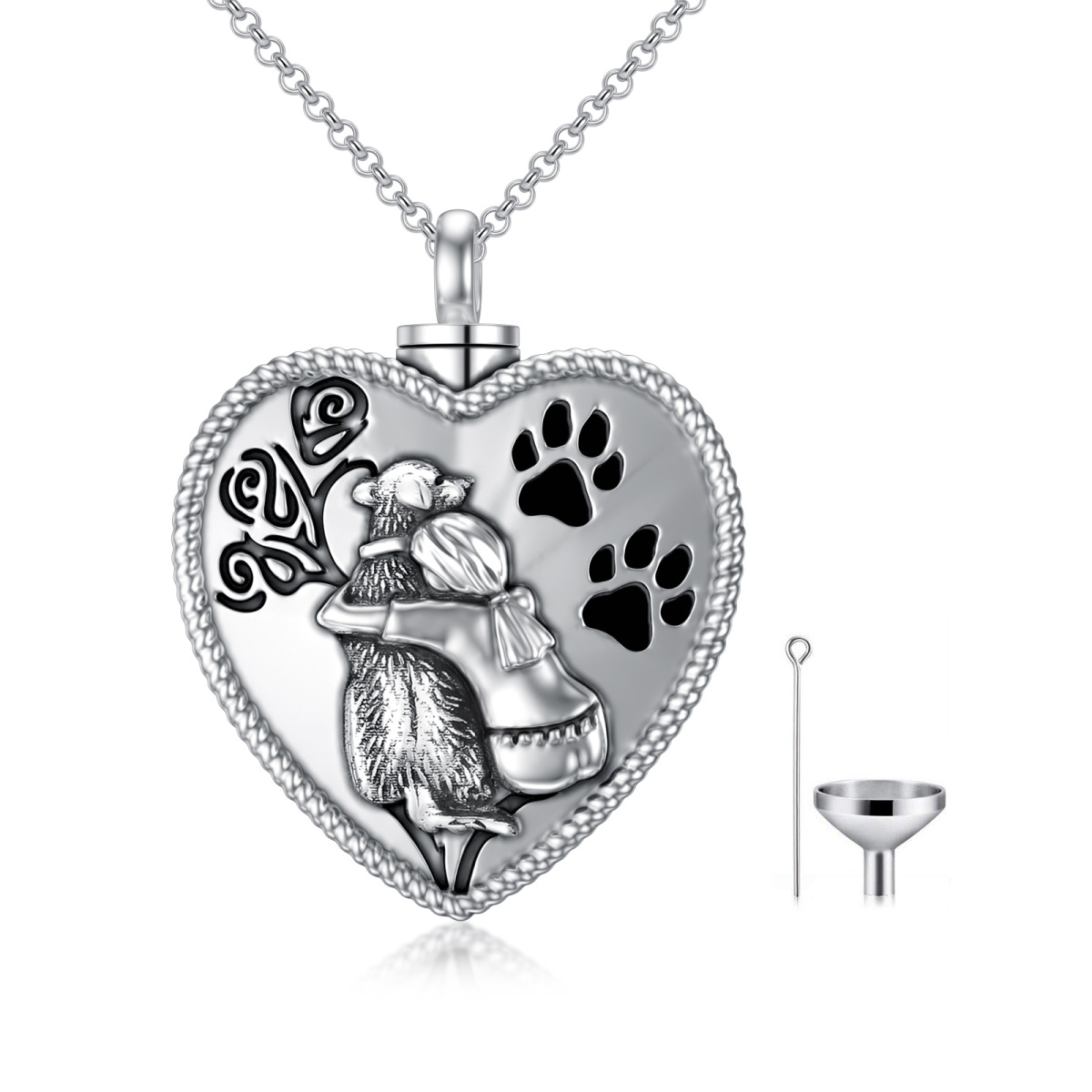 Sterling Silver Heart Girl & Dog Paw Urn Necklace for Ashes with Engraved Word-1