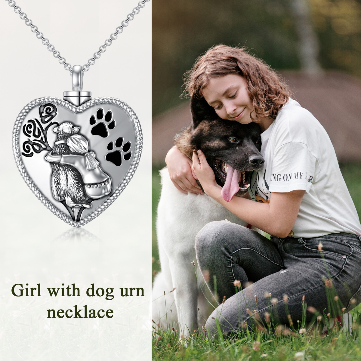 Sterling Silver Heart Girl & Dog Paw Urn Necklace for Ashes with Engraved Word-6