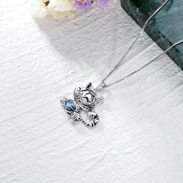 Sterling Silver Blue Heart Shaped Crystal Tiger Pendant Necklace-4