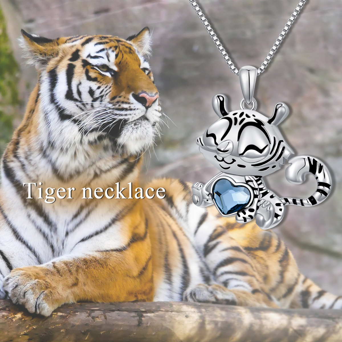 Sterling Silver Heart Shaped Crystal Tiger & Heart Pendant Necklace-6