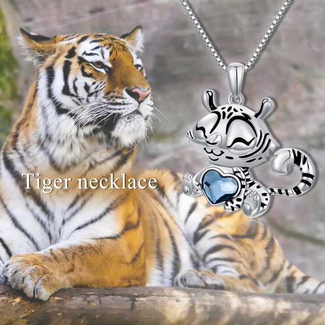 Sterling Silver Blue Heart Shaped Crystal Tiger Pendant Necklace-6