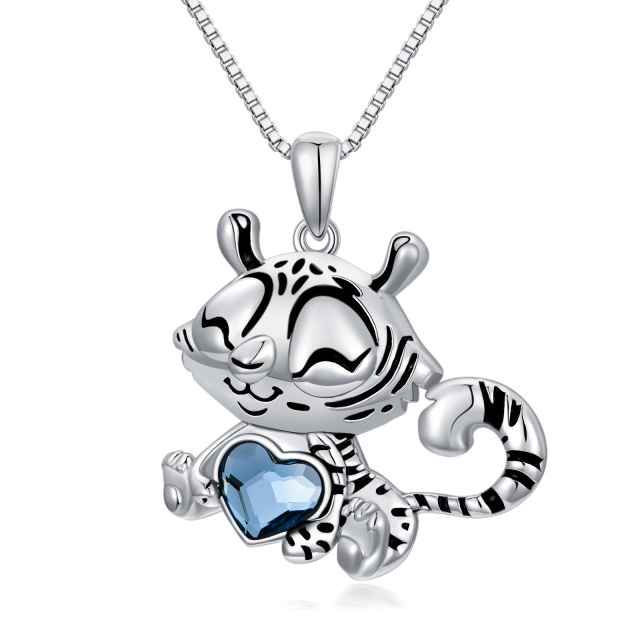 Sterling Silver Blue Heart Shaped Crystal Tiger Pendant Necklace-1