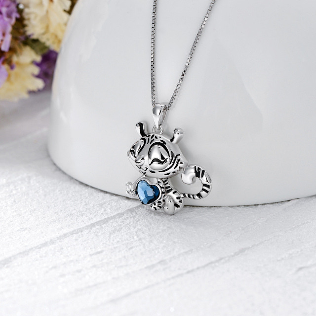Sterling Silver Blue Heart Shaped Crystal Tiger Pendant Necklace-3