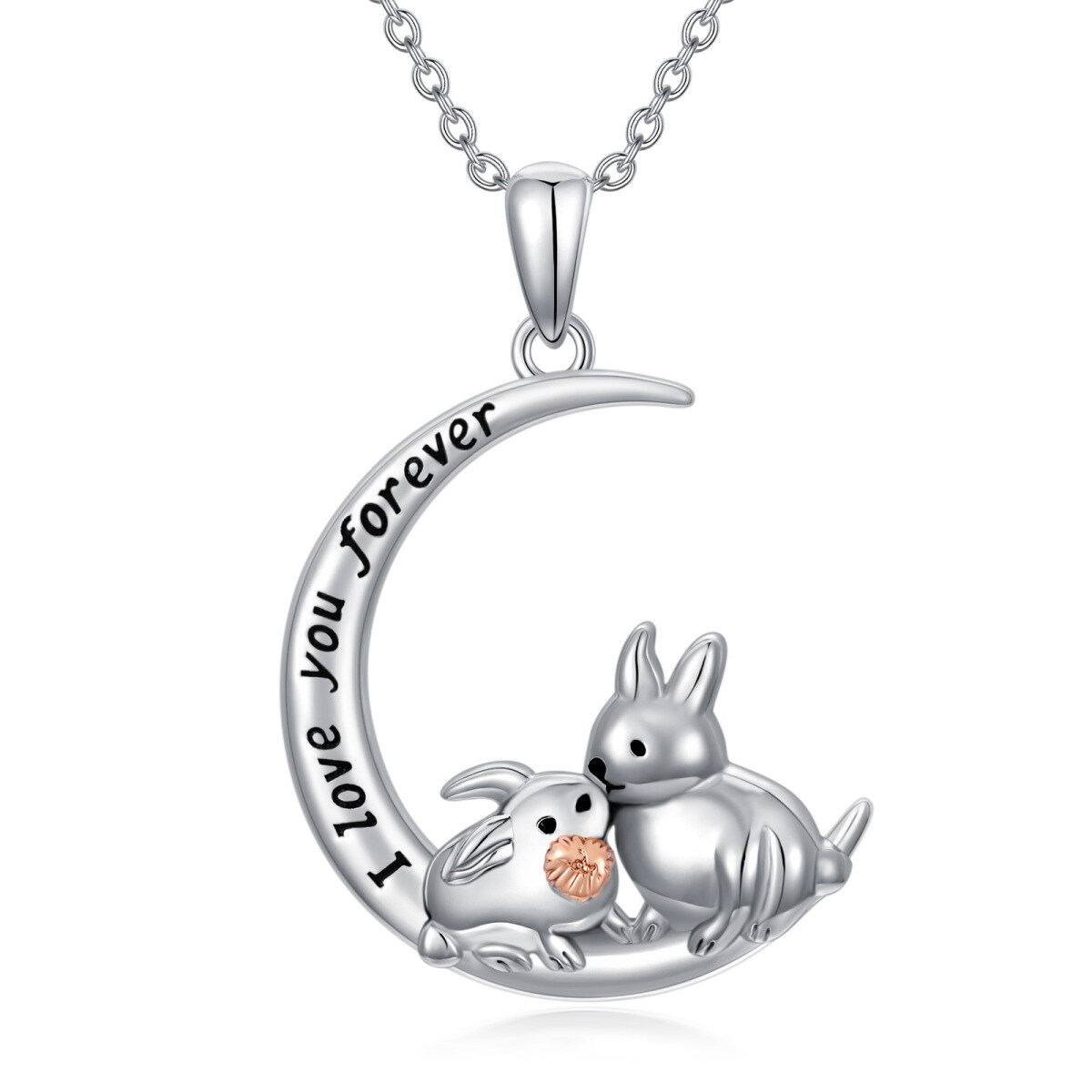 Sterling Silver Two-tone Rabbit & Moon Pendant Necklace with Engraved Word-1