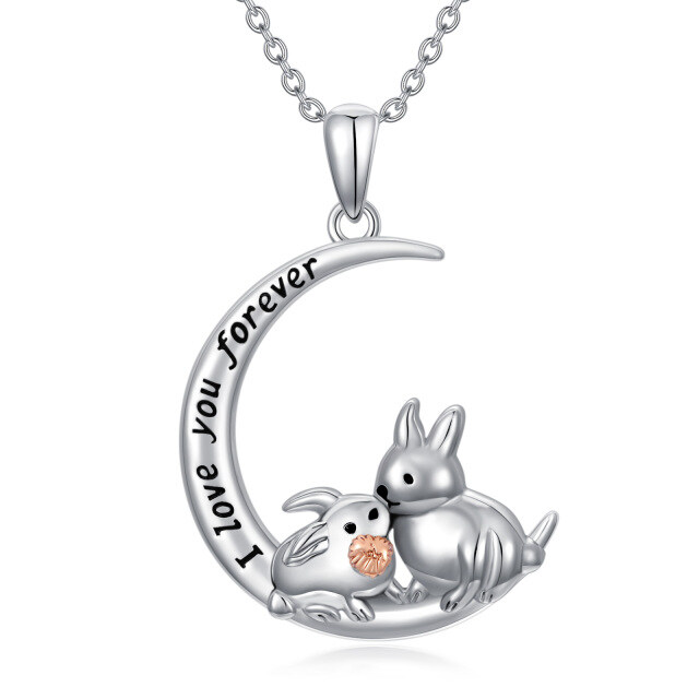 Sterling Silver Two-tone Rabbit & Moon Pendant Necklace with Engraved Word-0