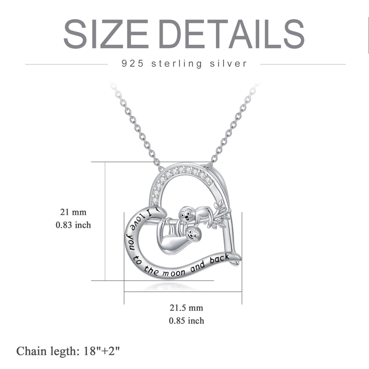 Sterling Silver Cubic Zirconia Sloth Mom & Baby Heart Pendant Necklace with Engraved Word-6