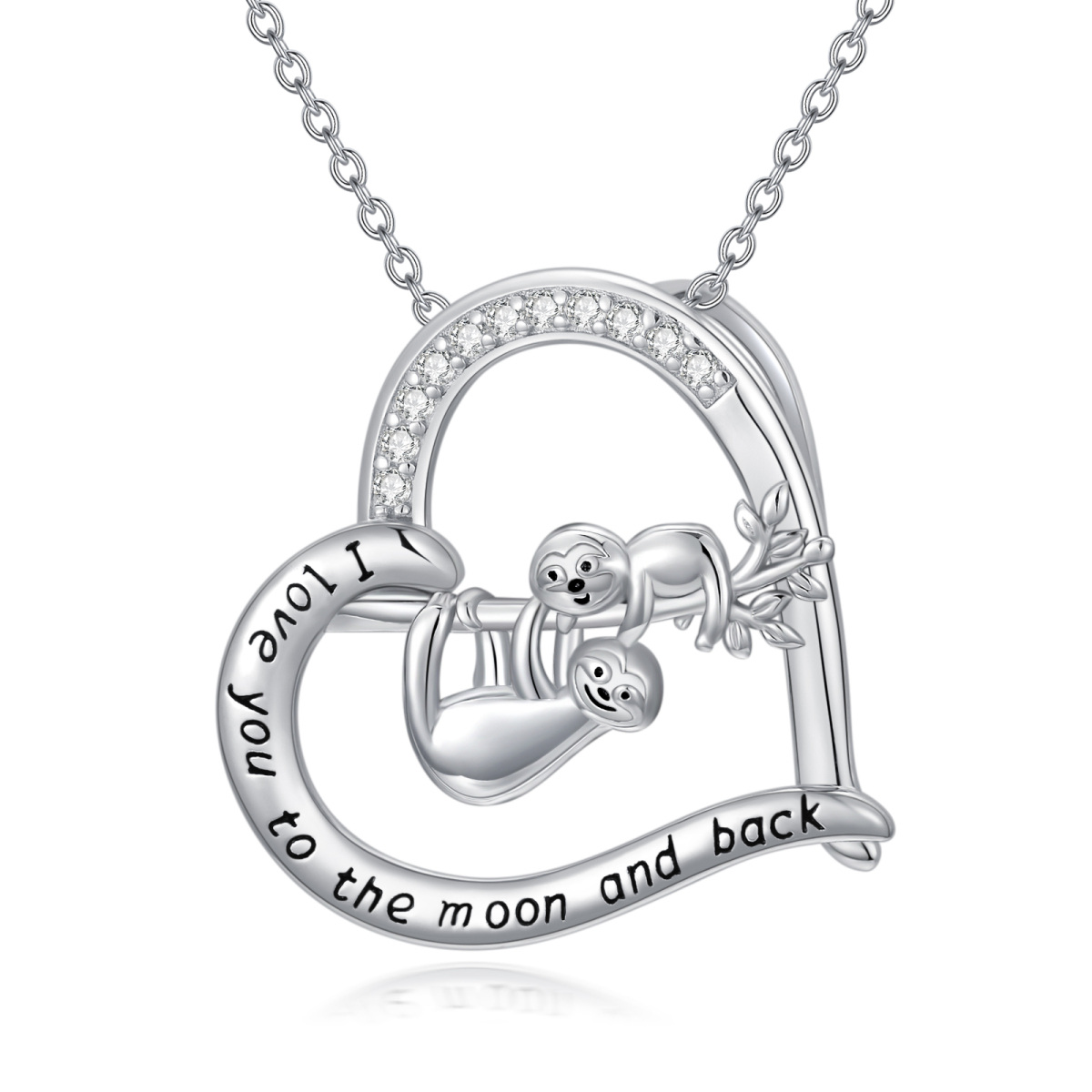 Sterling Silver Cubic Zirconia Sloth Mom & Baby Heart Pendant Necklace with Engraved Word-1