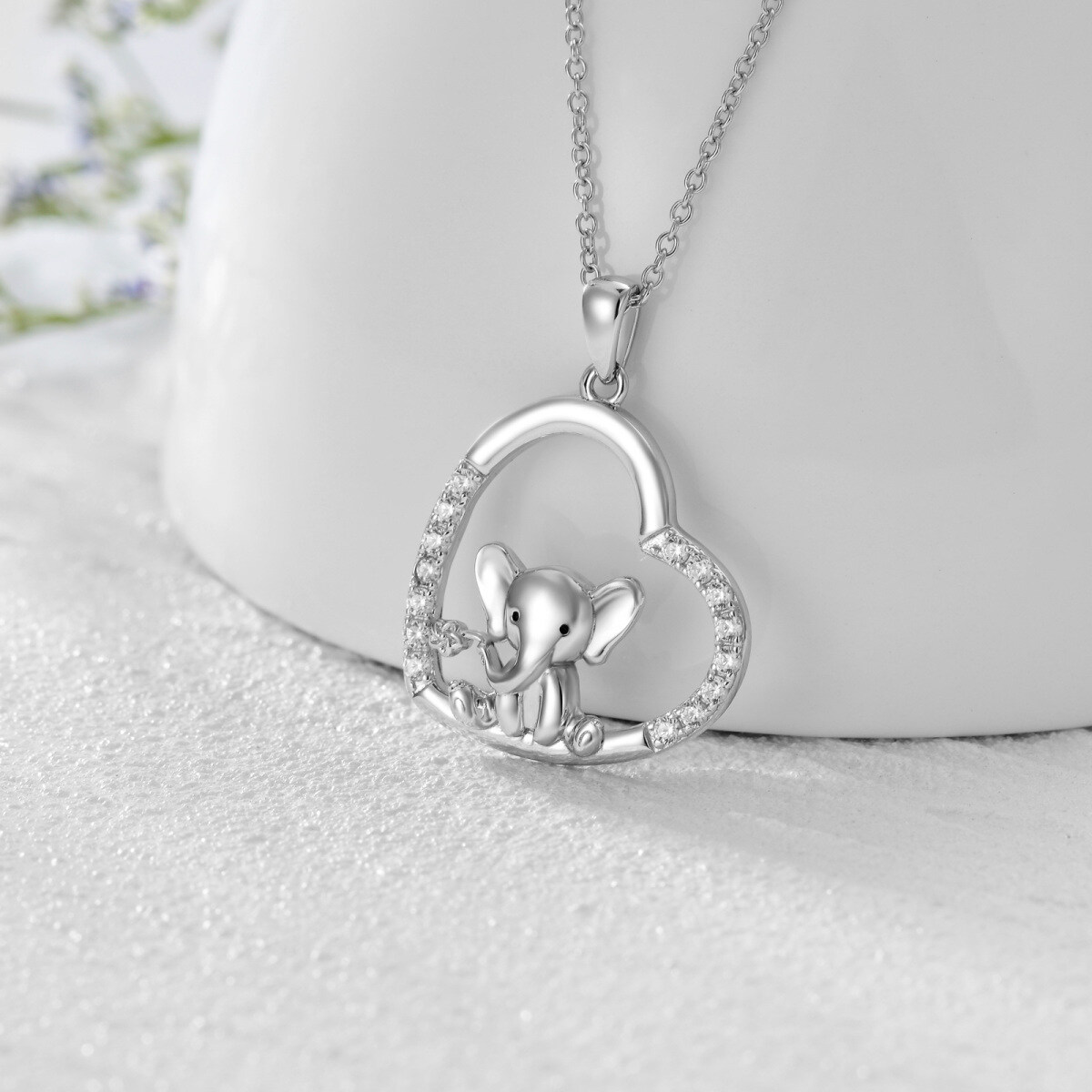 Sterling Silver Cubic Zirconia Elephant & Heart Pendant Necklace-4