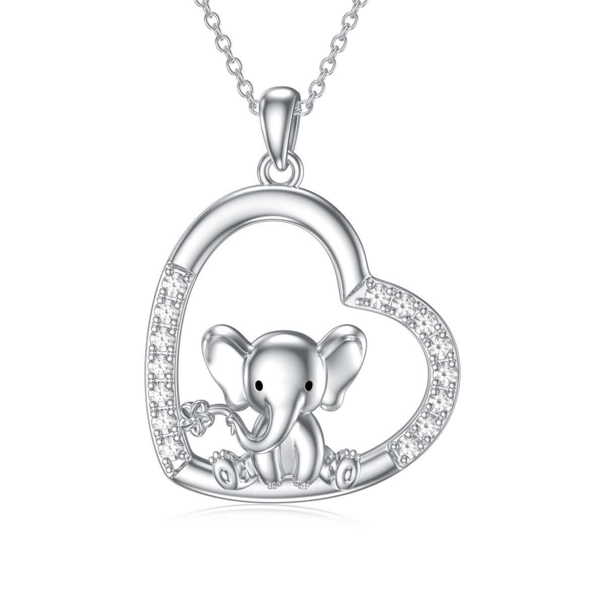 Sterling Silver Cubic Zirconia Elephant & Heart Pendant Necklace-1