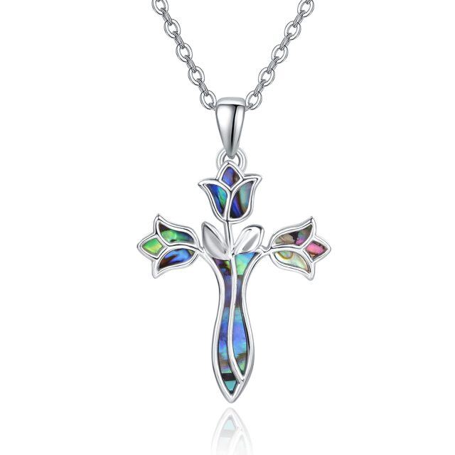 Sterling Silver Abalone Shellfish Rose Cross Pendant Necklace for Women-1