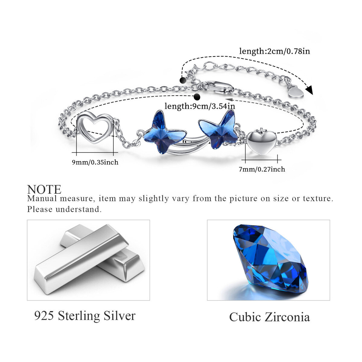 Sterling Silver Cubic Zirconia Butterfly & Heart Pendant Bracelet-7