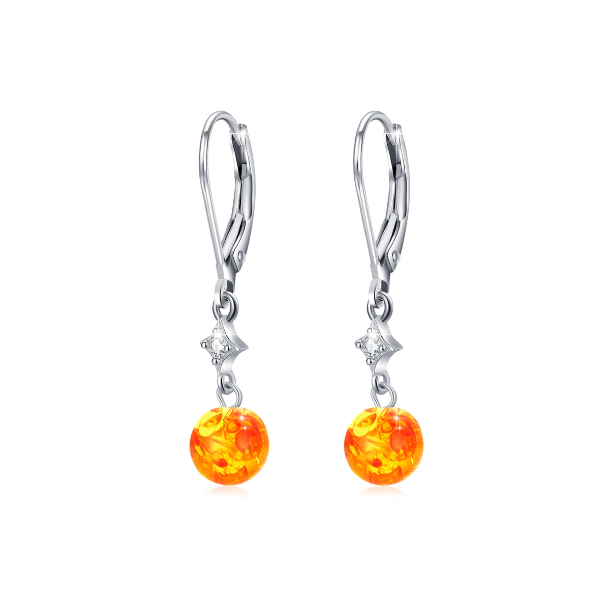 Sterling Silver Cubic Zirconia & Amber Star & Round Lever-back Earrings-1