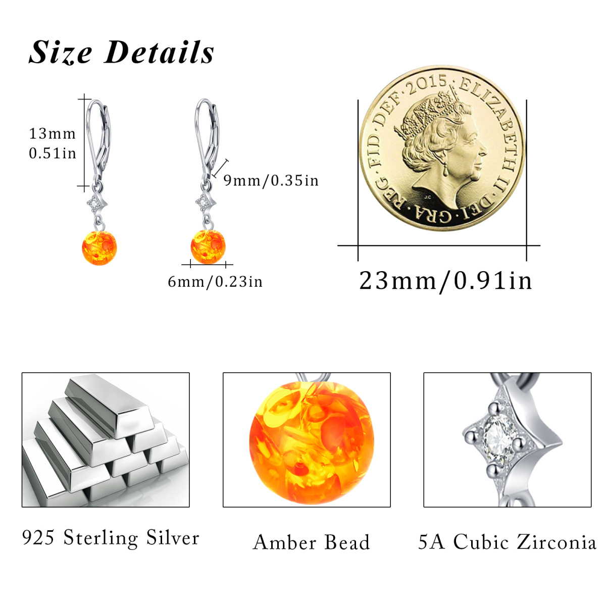 Sterling Silver Cubic Zirconia & Amber Star & Round Lever-back Earrings-5