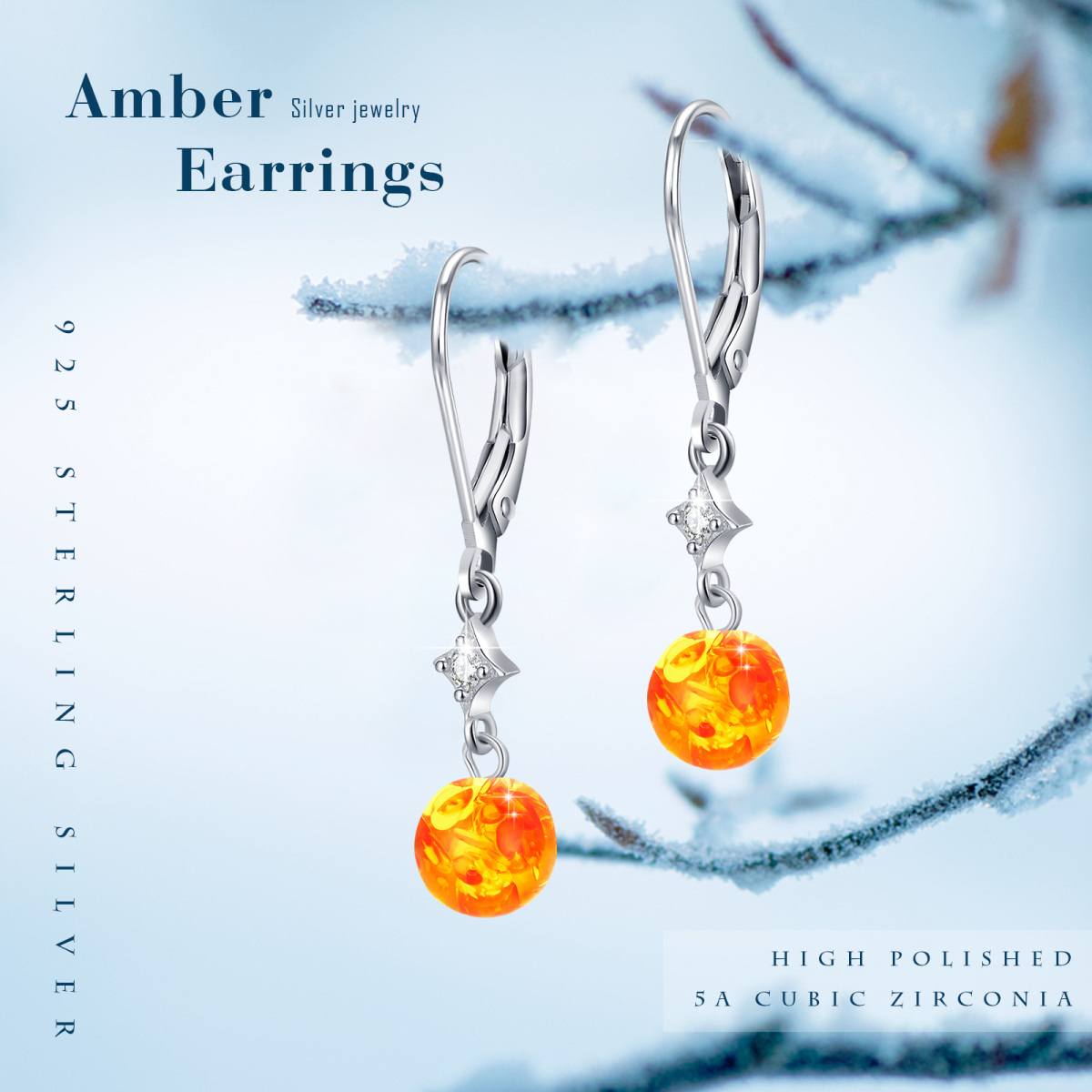 Sterling Silver Cubic Zirconia & Amber Star & Round Lever-back Earrings-6