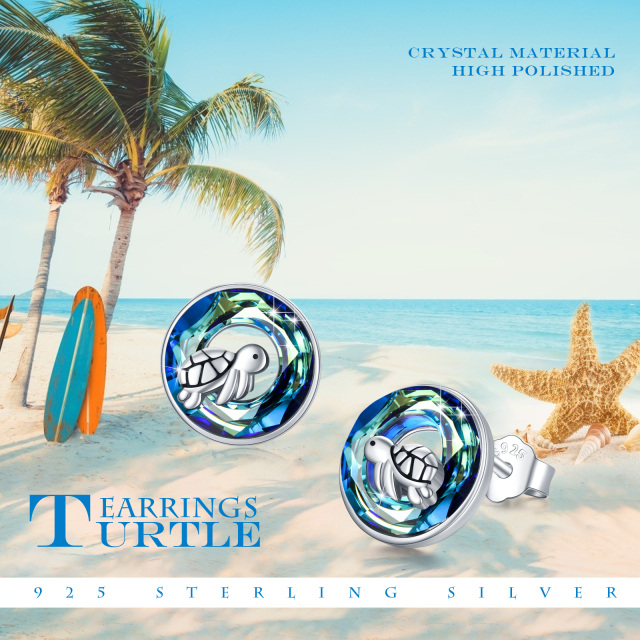 Sterling Silver Circular Shaped Crystal Sea Turtle Stud Earrings-3