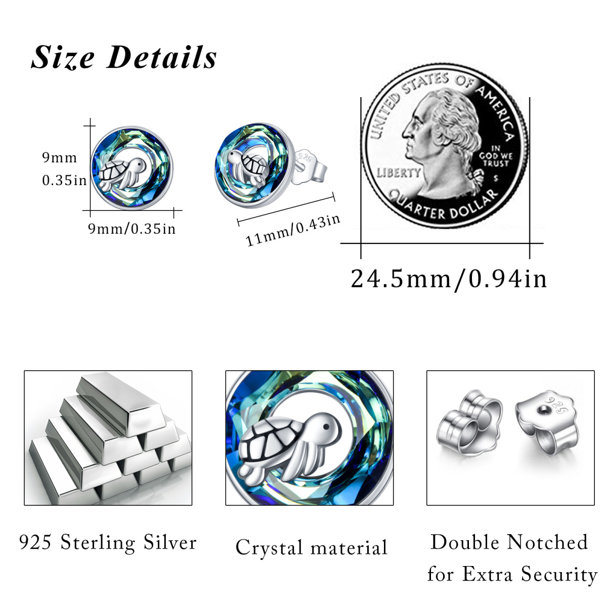Boucles d'oreilles en argent sterling en forme de tortue de mer en cristal de forme circul-6
