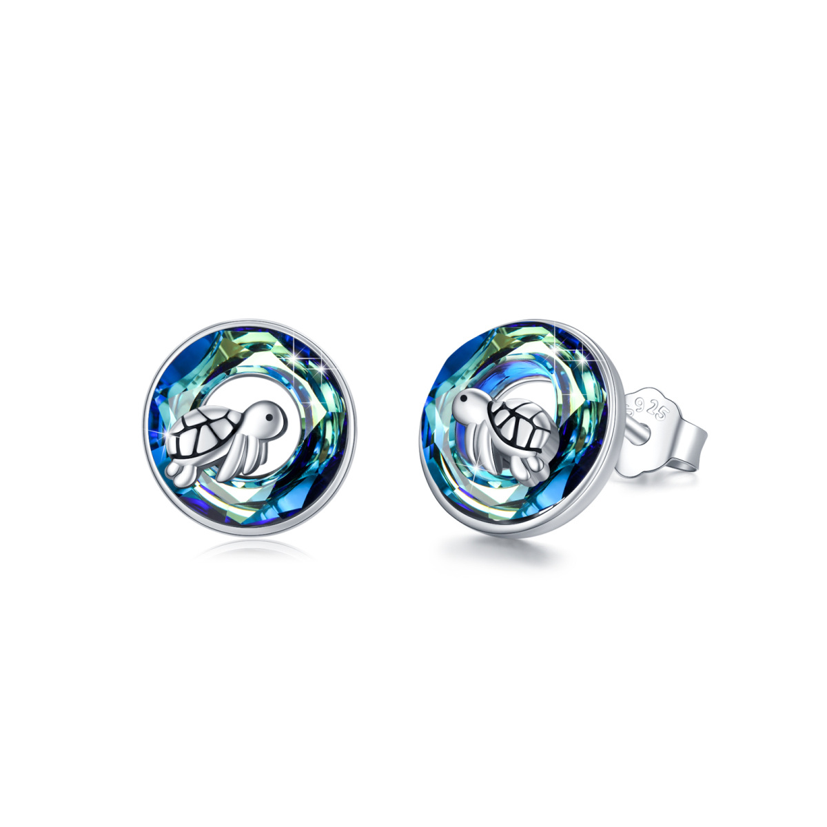 Sterling Silver Circular Shaped Crystal Sea Turtle Stud Earrings-1