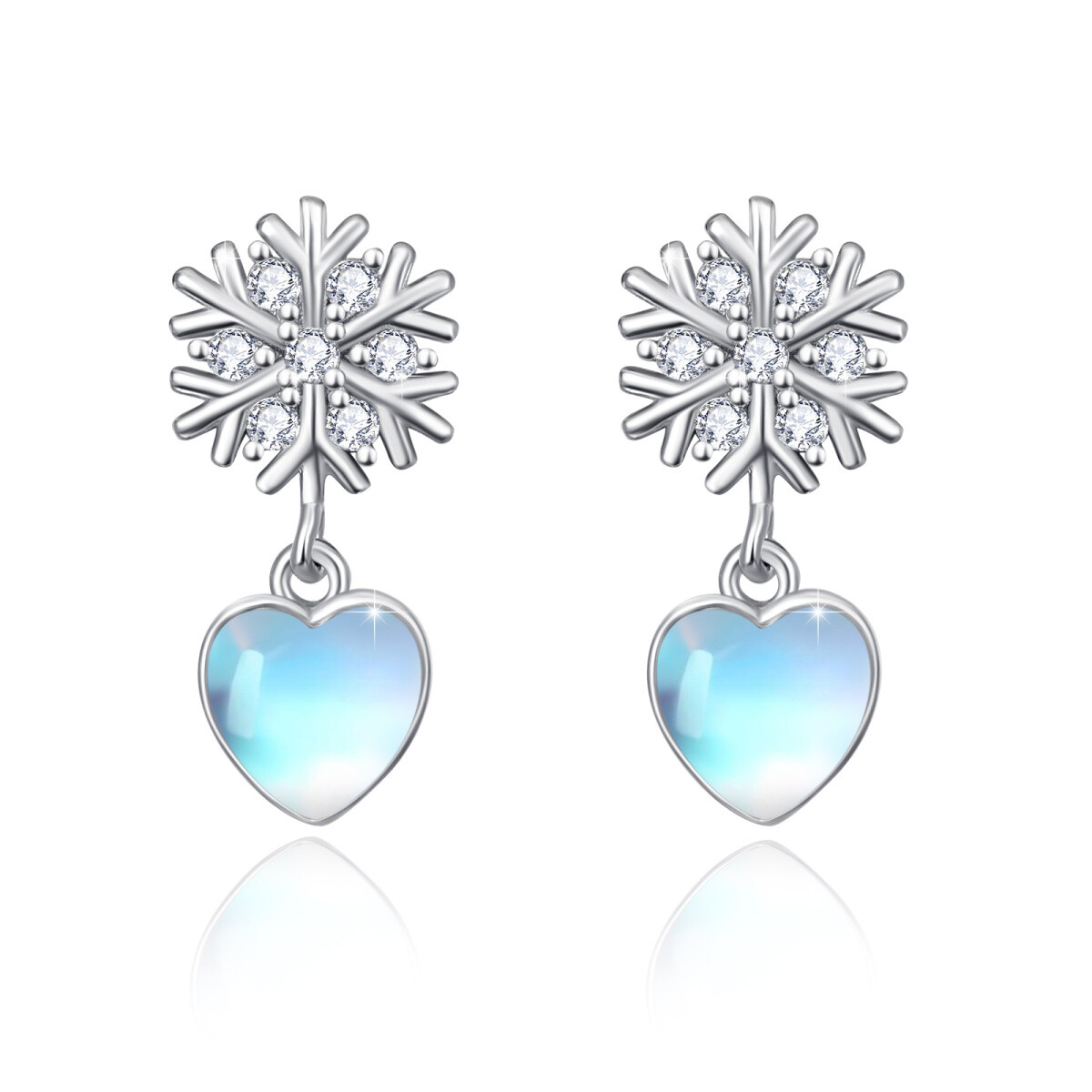 Sterling Silver Heart Shaped Moonstone Heart & Snowflake & Snowflake Drop Earrings-1