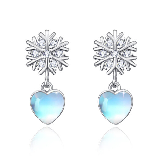 Sterling Silver Heart Shaped Moonstone Heart & Snowflake & Snowflake Drop Earrings
