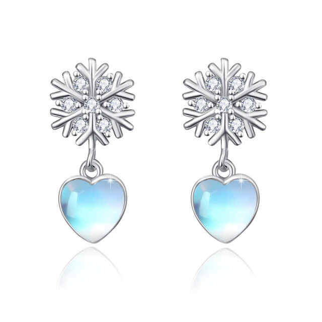 Sterling Silver Heart Shaped Moonstone Heart & Snowflake & Snowflake Drop Earrings-0