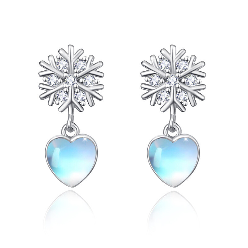 Sterling Silver Heart Shaped Moonstone Heart & Snowflake & Snowflake Drop Earrings