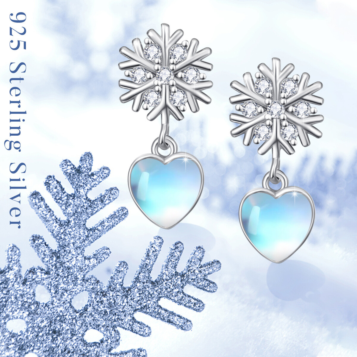 Sterling Silver Heart Shaped Moonstone Heart & Snowflake & Snowflake Drop Earrings-5