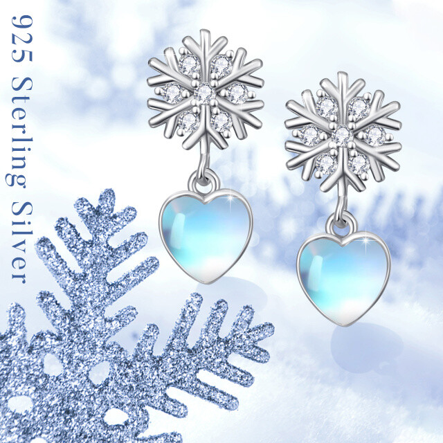 Sterling Silver Heart Shaped Moonstone Heart & Snowflake & Snowflake Drop Earrings-4