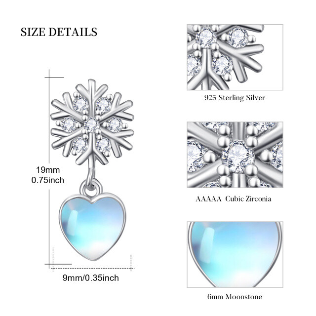 Sterling Silver Heart Shaped Moonstone Heart & Snowflake & Snowflake Drop Earrings-3
